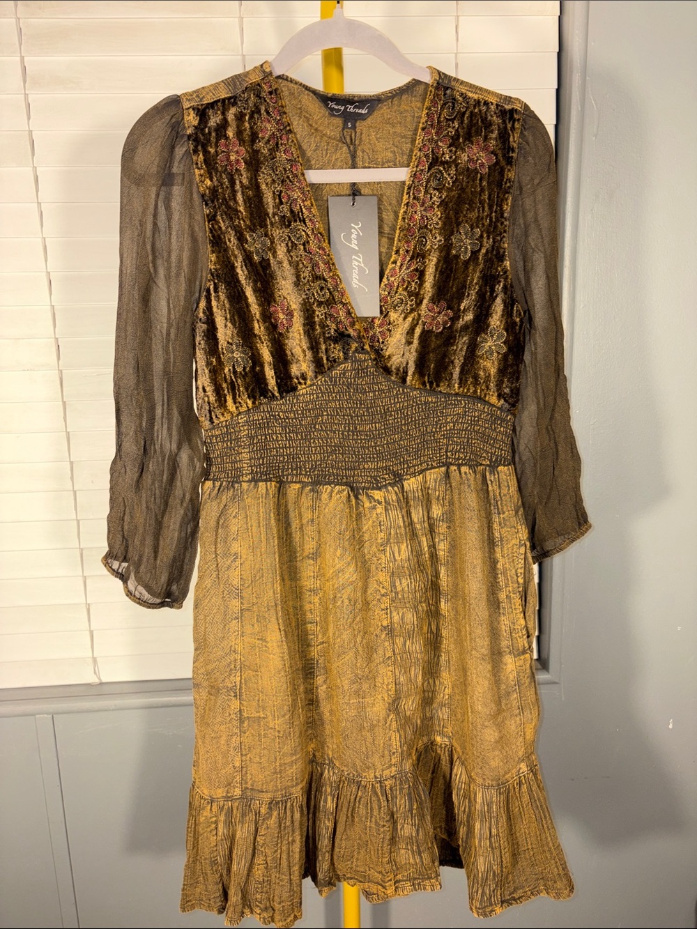 Velvet & Sheer Brown Midi Dress with Smocked Waist